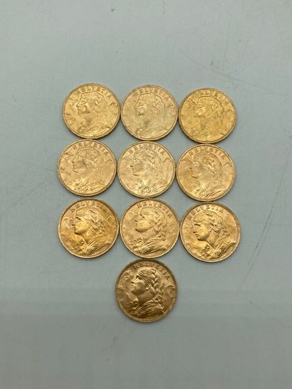 null 10 pieces of 20 francs Swiss gold. 

LOT SOLD ON DESIGNATION, NOT PRESENT AT...