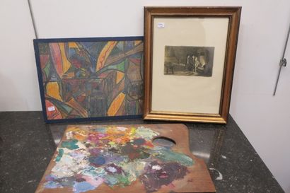 null Lot including a palette, an engraving, a framed drawing