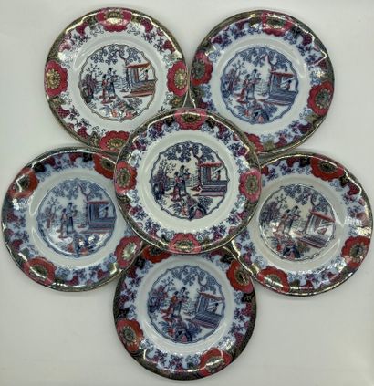 null Set of 6 fine earthenware plates with polychrome printed decoration of chinoiseries,...