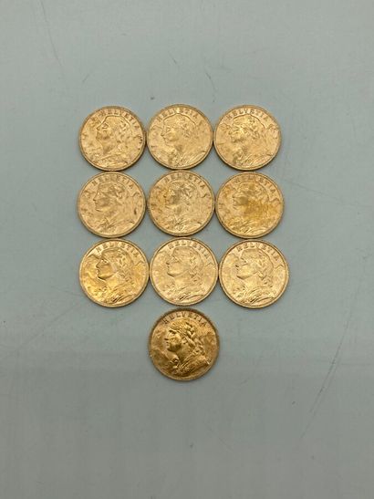 null 10 pieces of 20 francs Swiss gold. 

LOT SOLD ON DESIGNATION, NOT PRESENT AT...