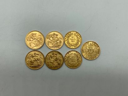 null Lots including: 1 20 Mark 1900 gold coin, 4 Sovereign gold coins 1911, 1929,...