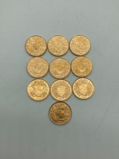 null 10 pieces of 20 francs Swiss gold. 

LOT SOLD ON DESIGNATION, NOT PRESENT AT...