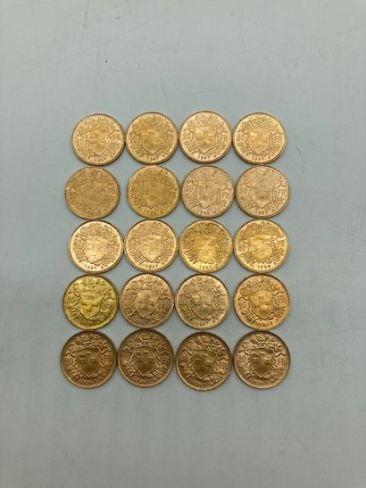 null 20 pieces of 20 francs gold Swiss. 

LOT SOLD ON DESIGNATION, NOT PRESENT AT...