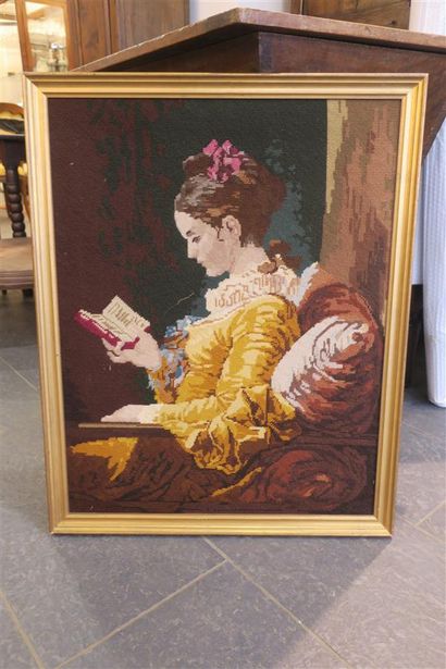 null After Fragonard, The Reader. Canvas, cross-stitched wool. As is.