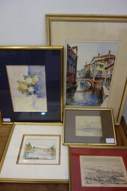null Lot of framed pieces including a watercolor landscape signed Henri Piojt, a...
