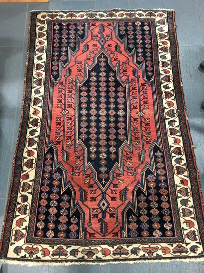 null Wool carpet with knotted stitches decorated with a dark diamond medallion of...