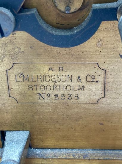  L. M. ERICSSON & CO STOCKHOLM N° 2538 
Morse code telegraph on a wooden base with...