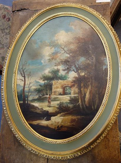 null CALZOLARI. Animated landscape. Oil on canvas of oval format. Signed lower r...