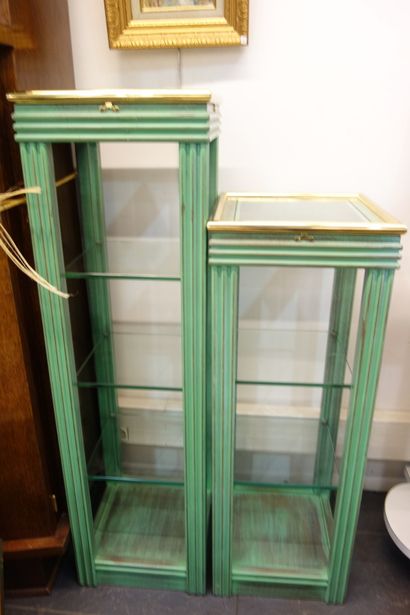 null Two rectangular selettes in green painted wood and brass strapping, glass s...
