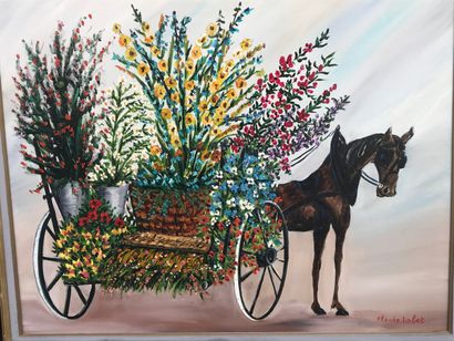 null Charette of flowers pulled by a horse, oil on canvas. Signed Claude Tabet.