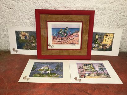 null Lot of five lithographs representing frogs, the tour de France 2002, the joallier...