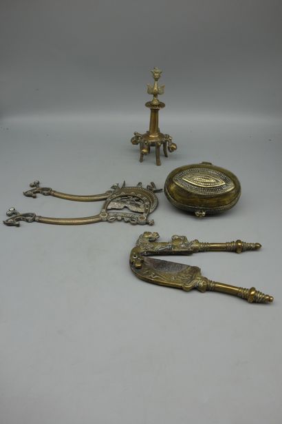null Asia, oval brass box, bottle with winged characters, and two cutting pliers...
