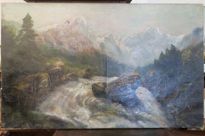 null Mountain stream. Oil on canvas. Signed lower right. Accidents.