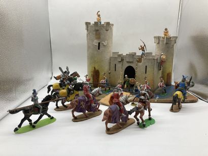 null Moyen-Age, Chateau-fort (bois aggloméré), cavaliers et fantassins ELASTONIN...