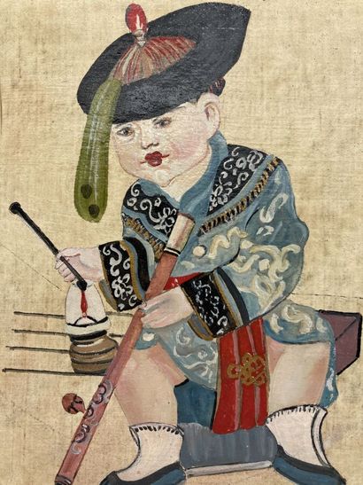 null Ecole chinoise XIXe. Portrait d'un jeune fumeur d'opium. Huile sur toile. Restaurations....