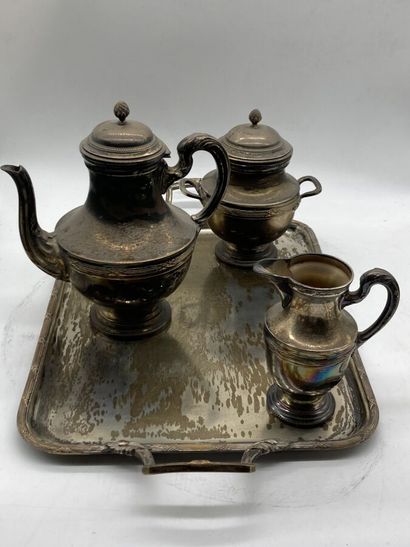null Service à thé en métal argenté à décor de rubans croisés compenant une théière,...