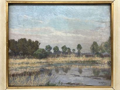 null Edouard Auguste RAGU. Les roseaux, bords de Loire. Huile sur panneau. Signé...