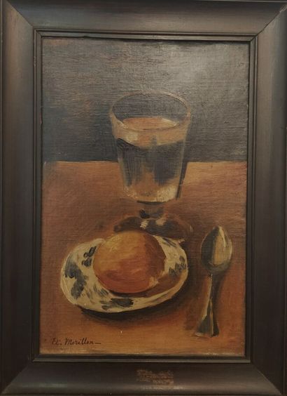 null Étienne MORILLON (1884-1949).

Still life with glass and bread.

Oil on canvas.

Signed...