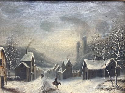 null Ecole du XIXe siècle.

Village sous la neige.

Huile sur toile.

24 x 32 cm.

Repeints...