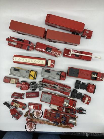 null Firemen, trucks, metal and plastic vehicles.

Lot of 23.

Various states.