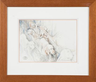 null Blaise Prud'hon, a watercolor drawing of a pack of hunting dogs, signed lower...