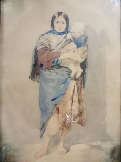 null Ecole française du XIXème siècle.

Femme portant un enfant dans ses bras.

Aquarelle...