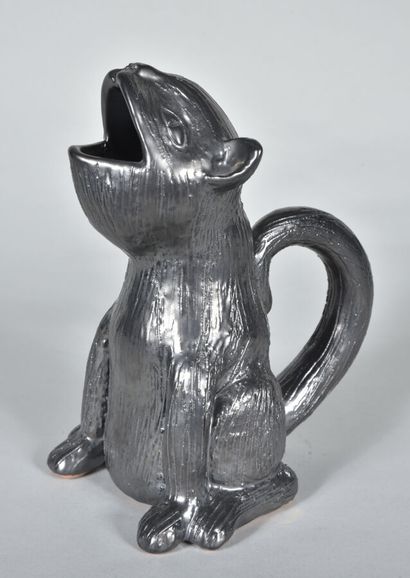  Jean MARAIS (1913-1998). 
Pitcher "cat" with zoomorphic body in black enamelled...