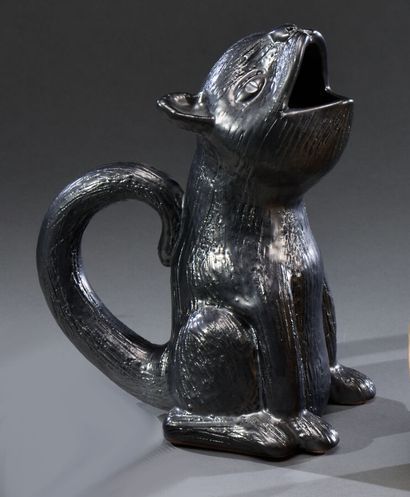  Jean MARAIS (1913-1998). 
Pitcher "cat" with zoomorphic body in black enamelled...