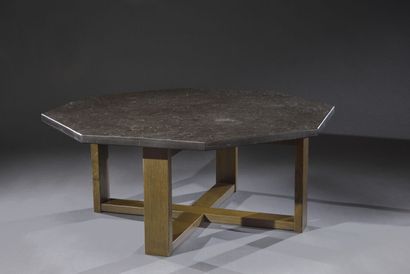 Octagonal table in brown marble stone, base...