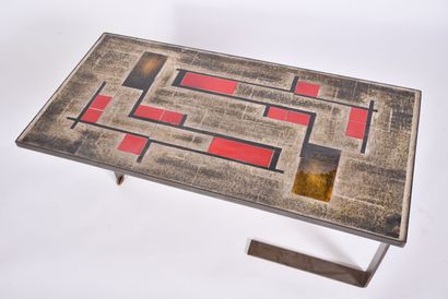 null Rectangular coffee table, top made of ceramic tiles with coloured geometrical...