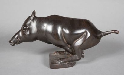  C. FAVARD 
"Boar". Proof in bronze with brown shaded patina. Lost wax casting by...