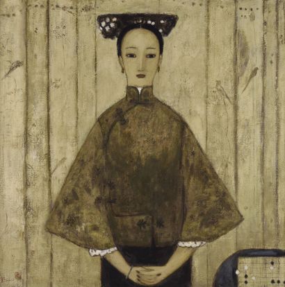  Jia Juan Li (née en 1960). 
Portrait de princesse au jeu de Go. 
Huile sur toile....