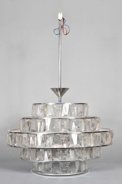 null Circular chandelier with bevelled glass facets arranged in five rows. 

H. 83...