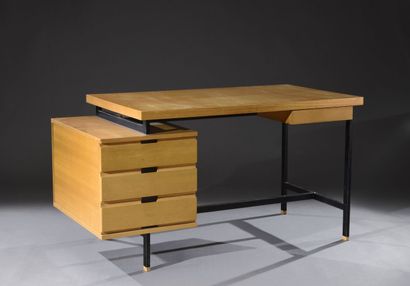 null Varnished ash desk by Pierre Guariche, Minvielle edition.

Offset pedestal,...