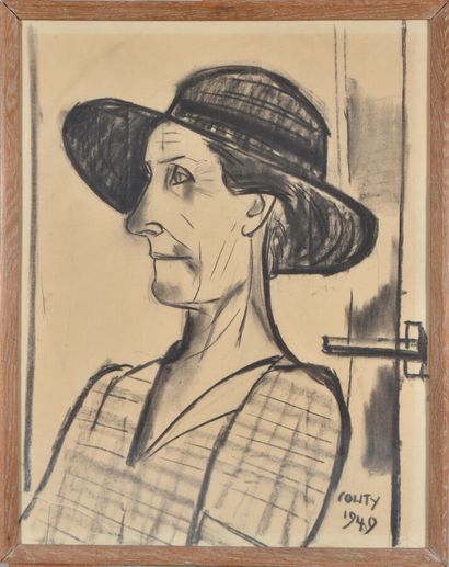 null Jean COUTY (1907-1991).

Portrait of a Woman with a Hat, 1949.

Charcoal on...