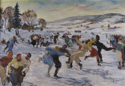 null Adrienne Lucie JOUCLARD (1882-1972).

Hiver, patineurs au bassin du Doubs.

Huile...