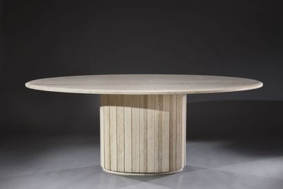 null Large dining room table in the taste of Willy Rizzo, travertine slatted base,...