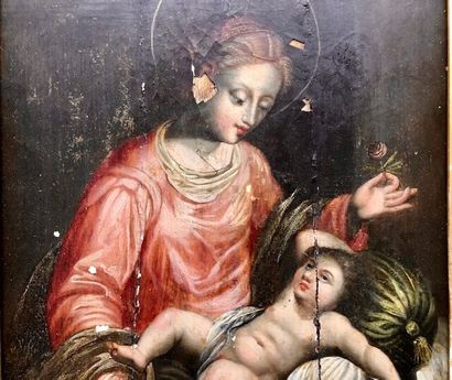  École italienne du XVIIIème siècle. 
Vierge à l'Enfant au coussin et à la rose....