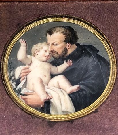 null Miniature représentant Saint Joseph et l'Enfant Jésus dans un médaillon en tondino,...