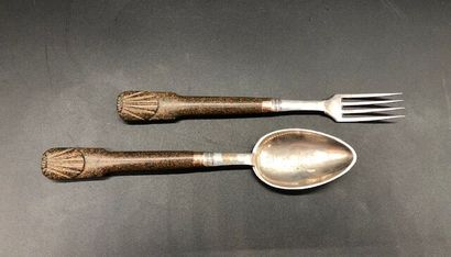 Silver travel cutlery, wooden handle, carved...