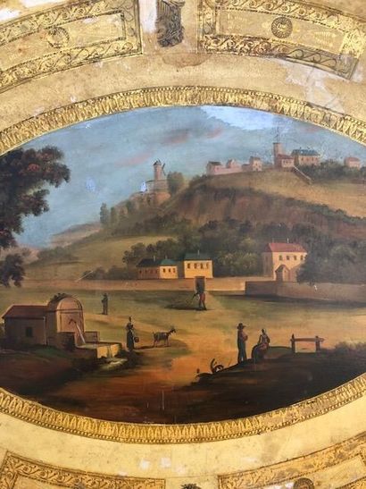 null Large painted sheet metal tray with central decoration of an animated landscape...