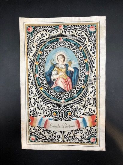 null Beau canivet à décor d'une gouache représentant Sainte Barbara.

XVIIème siècle.

27...