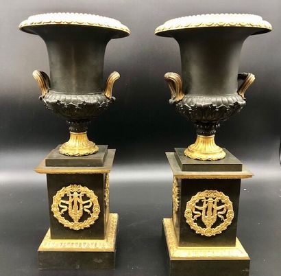 null Paire de vases Médicis en bronze patiné et doré, prises feuillagées en bronze...