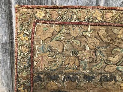 null Old embroidery of the XVIth century decorated with flowers, interlacing and...