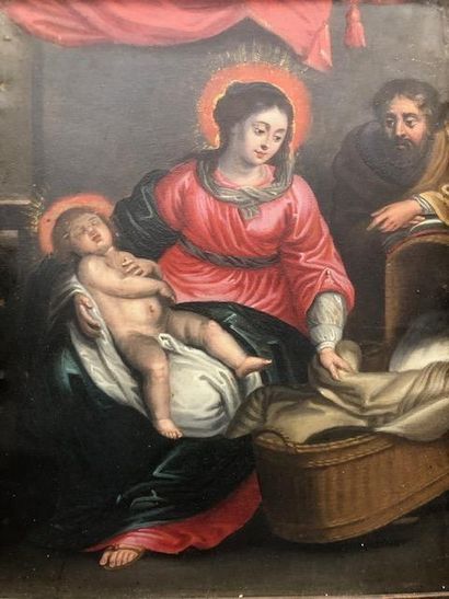  La Sainte Famille. 
Huile sur cuivre. 
Fin du XVIIème - début du XVIIIème siècle....