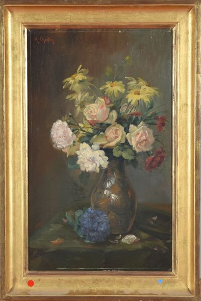 null A. CHARTON, fin XIX/début XXe siècle.

Bouquet de fleurs dans un vase.

Huile...