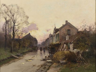 null Eugène GALIEN-LALOUE (1854-1941).

Personnages sortant du village après la pluie.

Huile...