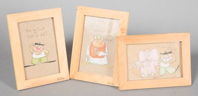 null NICO (XXth).

Lot of 3 works :

Characters.

Colored pencil on brown paper.

Signed...
