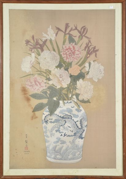 null HARADA (école japonaise du XXème siècle).

Fleurs dans un vase, 1934.

Aquarelle...