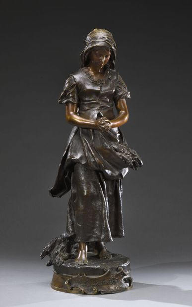  Émile Edmond Peynot (1850-1932). 
L'Angélus. 
Sculpture en bronze à patine brune,...